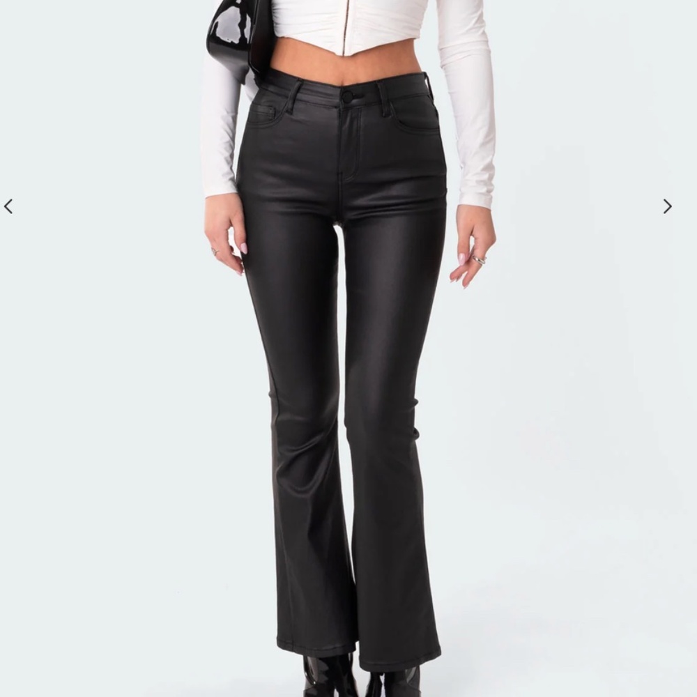 Edikted Petite Luna Faux Leather Flare Jeans In Black